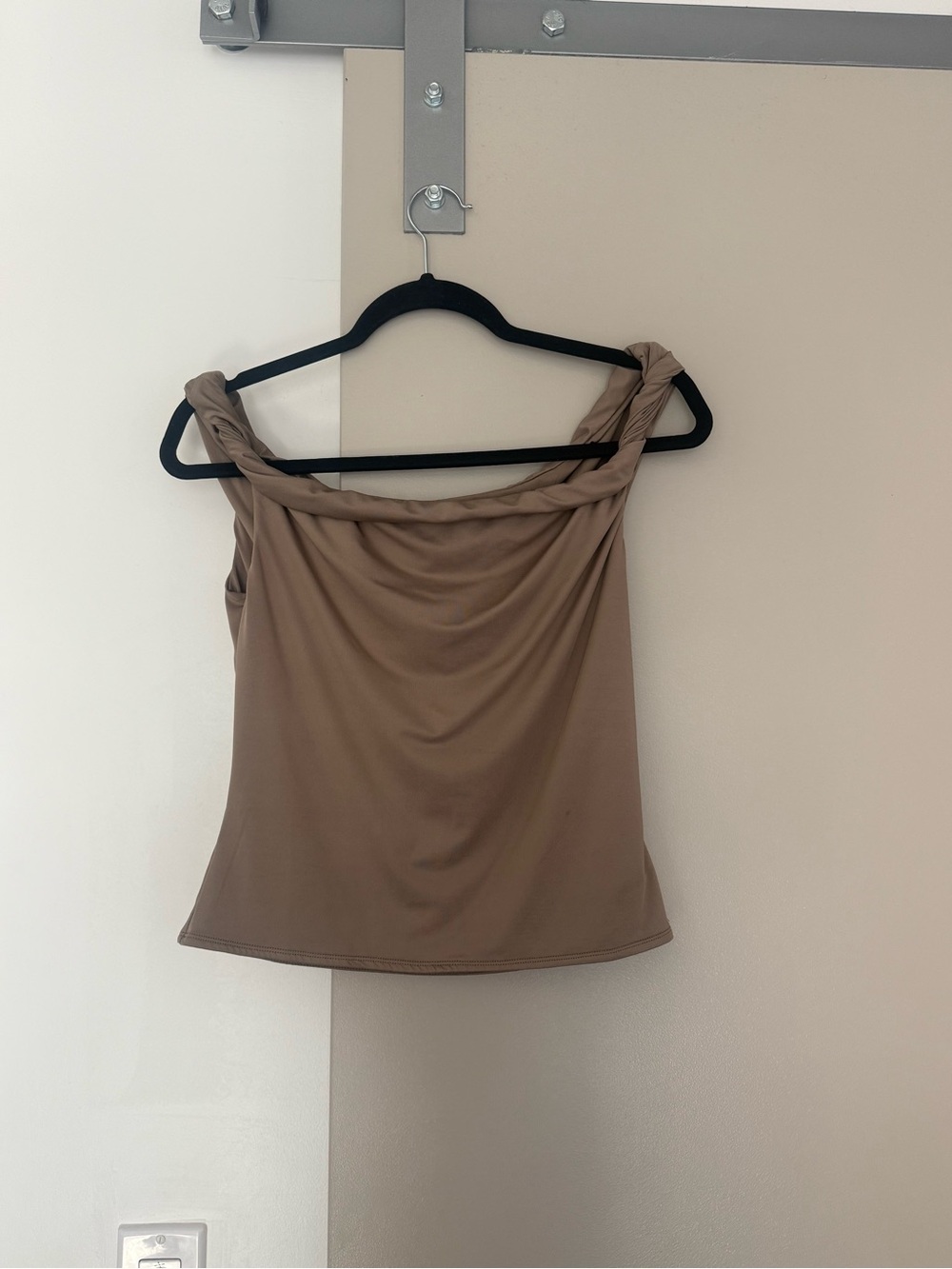 Victoria and Sophia Twisted Strap Off-Shoulder Women’s Top in Taupe